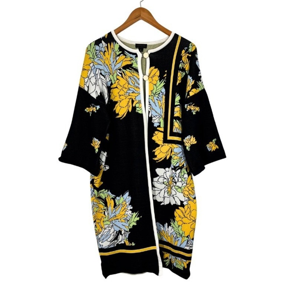 Carlisle Collection Floral Intarsia Longline Cardigan Sweater Black Yellow M